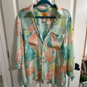 Ruby Rd. Tropical Leaf Button-Down Shirt in Teal, Peach & Lime